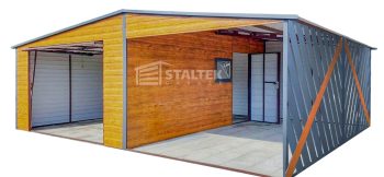 Garaż Blaszany 4x6m + Wiata 4x6m - Panele Verona -  Brama Uchylna - Okno - Drzwi - Jasny orzech - Antracyt - Drewnopodobny - dach Dwuspadowy  ST138