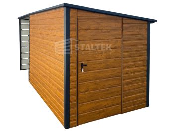 Schowek - Domek Ogrodowy 3x2m + wiata 3m -  Drzwi  - jasny orzech - dach spad w tył ST129