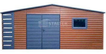 Schowek - Domek Ogrodowy 5,5x3m + wiata 0,5m -  Brama - okno - złoty dąb - dach dwuspadowy ST130