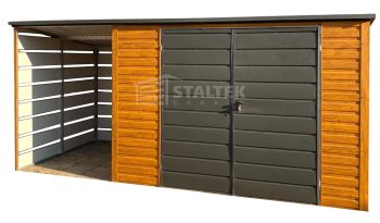 Schowek - Domek Ogrodowy 3x2m + wiata 1,5m - Brama - jasny orzech - dach spad w tył ST132