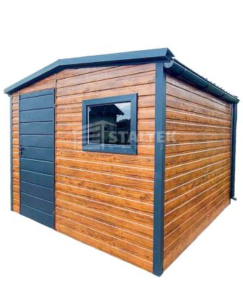 Schowek - domek ogrodowy 3x4m - drzwi - okno - jasny orzech - drewnopodobny - antracyt - blachodachówka - rynny - dach dwuspadowy ST145