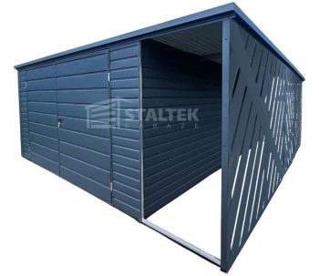 Schowek - Domek Ogrodowy 4x4m - Wiata 1x4m - Panele Verona - Brama dwuskrzydłowa - Antracyt - Dach Spad w tył ST152