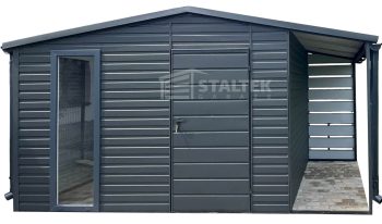 Schowek - Domek Ogrodowy 4x2,5m + Wiata 1x2,5m -  Okno - Drzwi - Antracyt  - dach Dwuspadowy  - rynny ST161