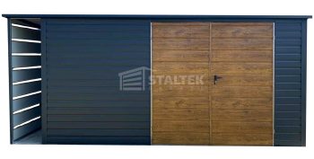 Schowek - Domek Ogrodowy 4x3 - wiata 0,5x3 - brama - jasny orzech drewnopodobny - antracyt - dach spad w tył ST162