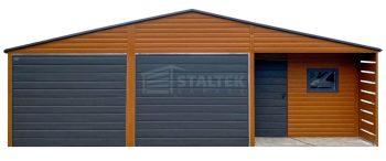 Garaż blaszany 5x9m - wnęka - 2x brama - drzwi - okno - jasny orzech - drewnopodobny - rynny - dach dwuspadowy ST100