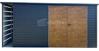 Schowek - Domek Ogrodowy 4,5x2m + wiata 0,5m - Brama - jasny orzech - antracyt - dach spad w tył ST182