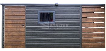 Schowek - Domek ogrodowy 4x2m -wiata 1m - okno - ciemny orzech - drewnopodobny - sosna norweska - dach spad w tył ST184