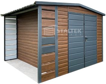 Schowek - domek ogrodowy 2x3 - wiata - Brama dwuskrzydłowa - blachodachówka - ciemny orzech - drewnopodobny - antracyt - dach dwuspadowy ST102