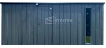 Schowek - domek ogrodowy 5,5x2m - wiata 0,5m - brama dwuskrzydłowa - okno - antracyt - dach spad w tył ST199