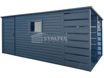 Schowek - Domek ogrodowy 3,8x2,5 + wiata 1,2 - drzwi - okno - Antracyt - dach spad w tył ST103