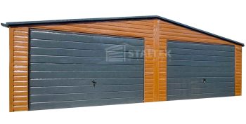 Garaż Blaszany 8x5 - 2x Brama Uchylna - Okno - Drzwi - Antracyt - jasny orzech Drewnopodobny - dach Dwuspadowy ST112