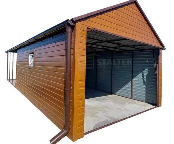 Garaż blaszany 3x5 - Brama uchylna - drzwi - okno - jasny orzech - drewnopodobny - rynny - dach dwuspadowy ST123