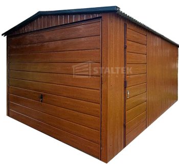 Garaż blaszany 3x5 Brama uchylna - drzwi - jasny orzech - drewnopodobny -  dach dwuspadowy ST124