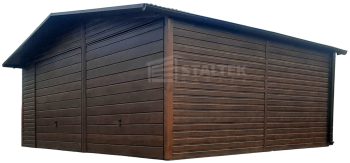 Garaż blaszany 7x6m - 2x Brama - ciemny orzech - drewnopodobny - Dach dwuspadowy - rynny ST165