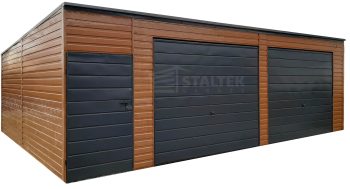 Garaż blaszany 7,5x5,5 - 2x brama - drzwi - jasny orzech drewnopodobny Dach spad w tył ST166