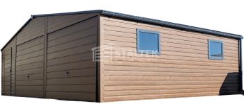 Garaż blaszany 8x6m - 2x Brama - drzwi - 2x okno - ciemny orzech - drewnopodobny - Dach dwuspadowy ST175