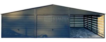 Garaż blaszany 6x6m - wiata 3m - 2x Brama - drzwi Antracyt Dach dwuspadowy ST176
