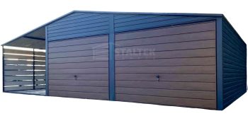 Garaż blaszany 6x6m - wiata 3m - 2x Brama  - Antracyt - ciemny orzech - drewnopodobny Dach dwuspadowy ST177