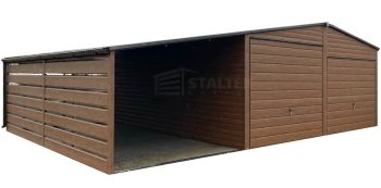 Garaż blaszany 6x6m - wiata 3m - 2x Brama - ciemny orzech - drewnopodobny Dach dwuspadowy - rynny ST192