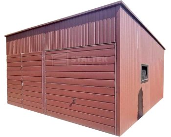 Hala Garaż blaszany 6x6 - 2x Brama - okno - jasny brąz - dach spad w tył ST108