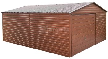 Garaż blaszany 5x5 Brama uchylna drewnopodobny Dach dwuspadowy ST117