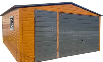 Garaż blaszany 5x5 Brama + drzwi + okno - złoty dąb drewnopodobny Dach dwuspadowy ST118