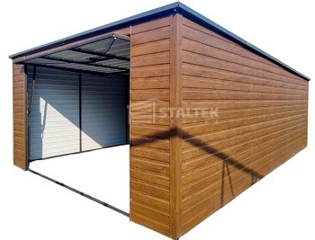 Garaż Blaszany 4x5 Brama uchylna - rynna - ciemny orzech - drewnopodobny - dach Spad w tył ST169