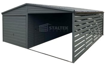 Garaż blaszany 3x6m - wiata 3m - Brama uchylna - drzwi Antracyt Dach dwuspadowy blachodachówka ST170