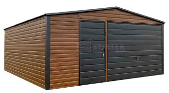 Garaż blaszany 5x6m - Brama uchylna - Ciemny orzech - drewnopodobny - dach dwuspadowy ST173