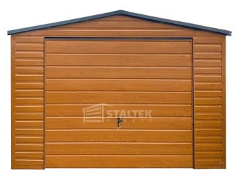 Garaż blaszany 4x4m - Brama uchylna  -  jasny orzech - drewnopodobny - dach dwuspadowy - rynna ST189