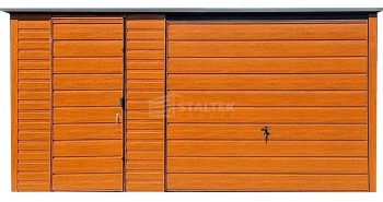 Garaż blaszany 5x6m - Brama uchylna - drzwi - drewnopodobny złoty dąb - Dach spad w tył ST191