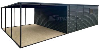 Garaż Blaszany 5x4m + Wiata 4m - Brama dwuskrzydłowa - Okno  - Antracyt - dach spad w tył ST193