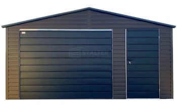 Garaż blaszany 5x5m - brama uchylna - drzwi - ciemny brąz - czarny - dach dwuspadowy ST196