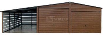 Garaż blaszany 6x6 + wiata 3x6 - 2x Brama uchylna - rynny - drewnopodobny Dach dwuspadowy ST109