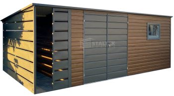 Schowek - domek ogrodowy 6x3 + wiata 1m - brama - okno - ciemny orzech - drewnopodobny - antracyt - dach spad w tył ST105