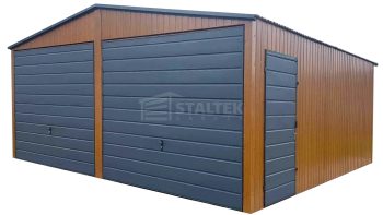 Garaż blaszany 6x6 2x Brama + drzwi  jasny orzech drewnopodobny + antracyt Dach dwuspadowy ST110