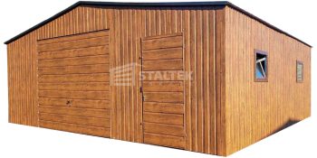 Garaż blaszany 6x6 Brama + drzwi + 2x okno drewnopodobny - jasny orzech  + antracyt Dach dwuspadowy ST111