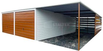 Garaż blaszany 6x6 + wiata 3,5 2x Brama uchylna + biały + drewnopodobny spad w tył ST113