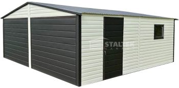 Garaż Blaszany 6x6 - 2x Brama Uchylna - Drzwi - Okno - Biały - Antracyt - dach Dwuspadowy ST115