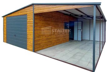 Garaż blaszany 4x6 + wiata 4m - Brama uchylna - Drzwi - okno - jasny orzech drewnopodobny Dach dwuspadowy ST119