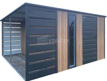 Schowek – domek ogrodowy 3×3 – wiata 1×3 – drzwi – okno – antracyt – dach spad w tył ST224