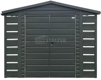 Domek ogrodowy - schowek - 2x3m –  2xwiata 0,5x3m - brama dwuskrzydłowa –  antracyt - dach dwuspadowy - blachodachówka - rynny ST226