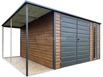 Domek ogrodowy - schowek - 3,5x3,5m –  wiata 1x3,5m - brama dwuskrzydłowa –  okno - drewnopodobny - dach spad w tył ST227