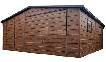Garaż blaszany 6X6m –  brama uchylna – drzwi - 2x okno - drewnopodobny - dach dwuspadowy - rynny ST231