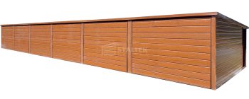 Garaż blaszany 18x5m – 6x brama uchylna – 2x drzwi - rynna - drewnopodobny - spad w tył ST234