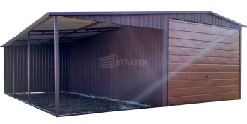 Garaż blaszany 3x6m + wiata 3m - brama uchylna - okno - ciemny brąz - dach dwuspadowy ST241