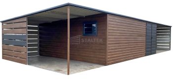 Garaż blaszany 6,5x6m - 2x wiata - brama dwuskrzydłowa - okno - ciemny orzech - drewnopodobny - dach spad w tył ST246