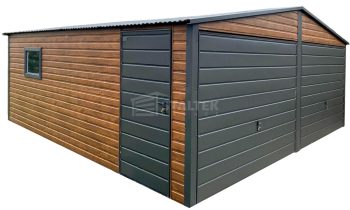 Garaż blaszany 6x5,8 - 2x brama uchylna - drzwi - okno - ciemny orzech - antracyt - drewnopodobny - dach dwuspadowy ST247