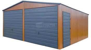 Garaż blaszany 6x6m - 2x brama uchylna - drzwi - złoty dąb - drewnopodobny - dach dwuspadowy ST250