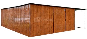 Garaż Blaszany 4,5X4,5 + Wiata 1,5X4,5 - Spad W Tył – Brama Dwuskrzydłowa – Drewnopodobny ST214